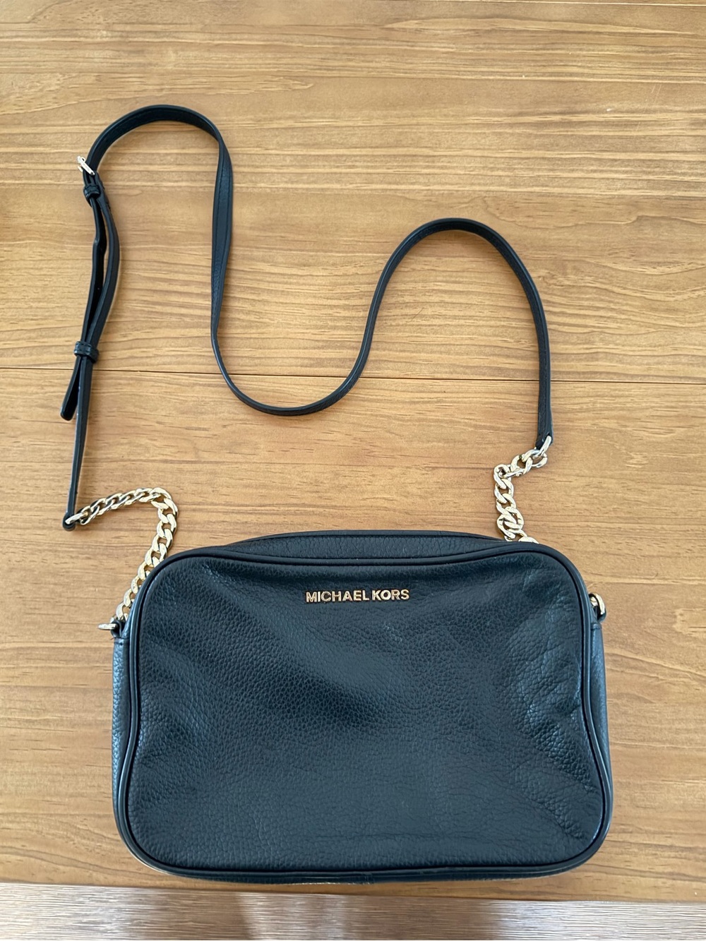 Michael Kors Black Leather Crossbody Bag with Gold Chain